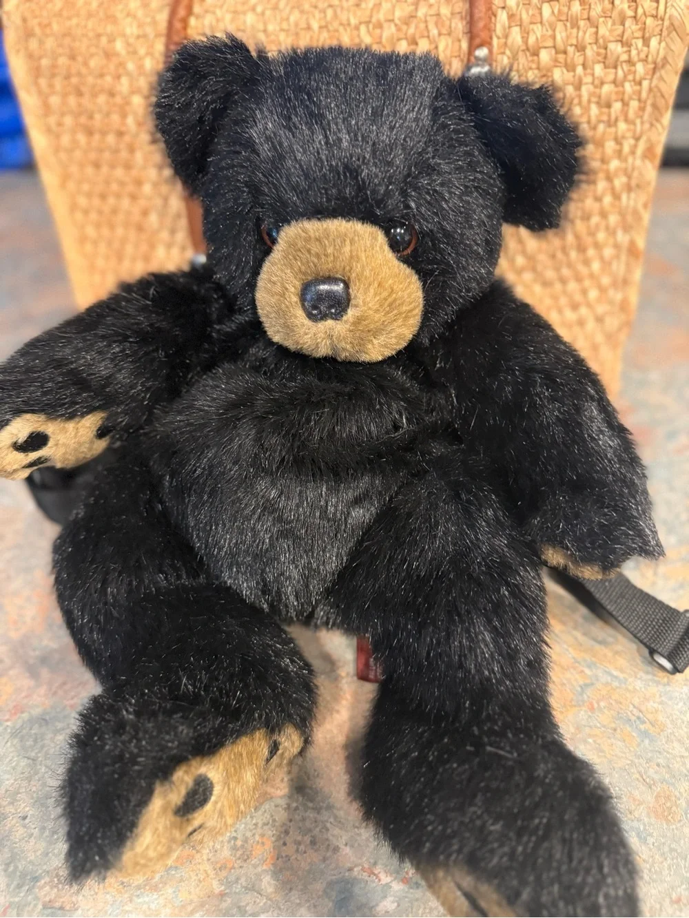 Vintage Plush Black Teddy Bear Plush Backpack with Tan Accents